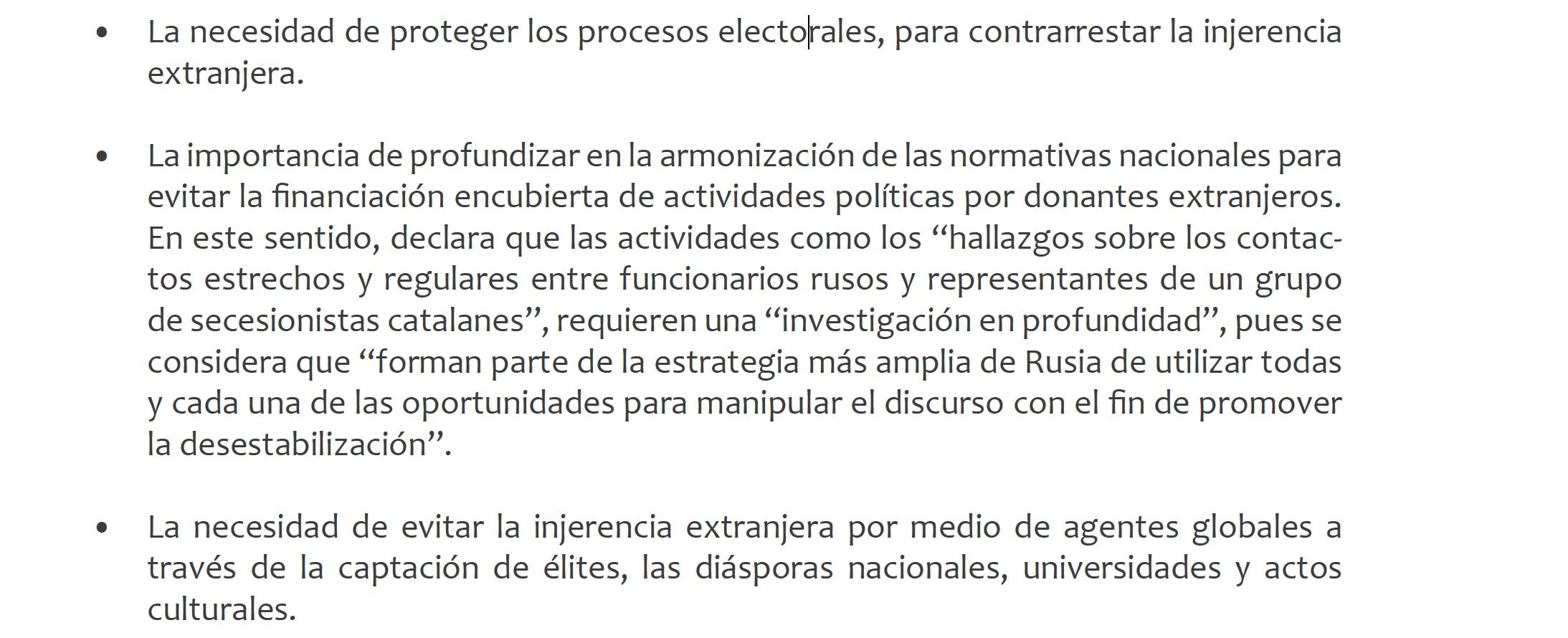 Part de l'informe de Seguretat Nacional on torna a destacar la relació entre el Procés i el Kremlin