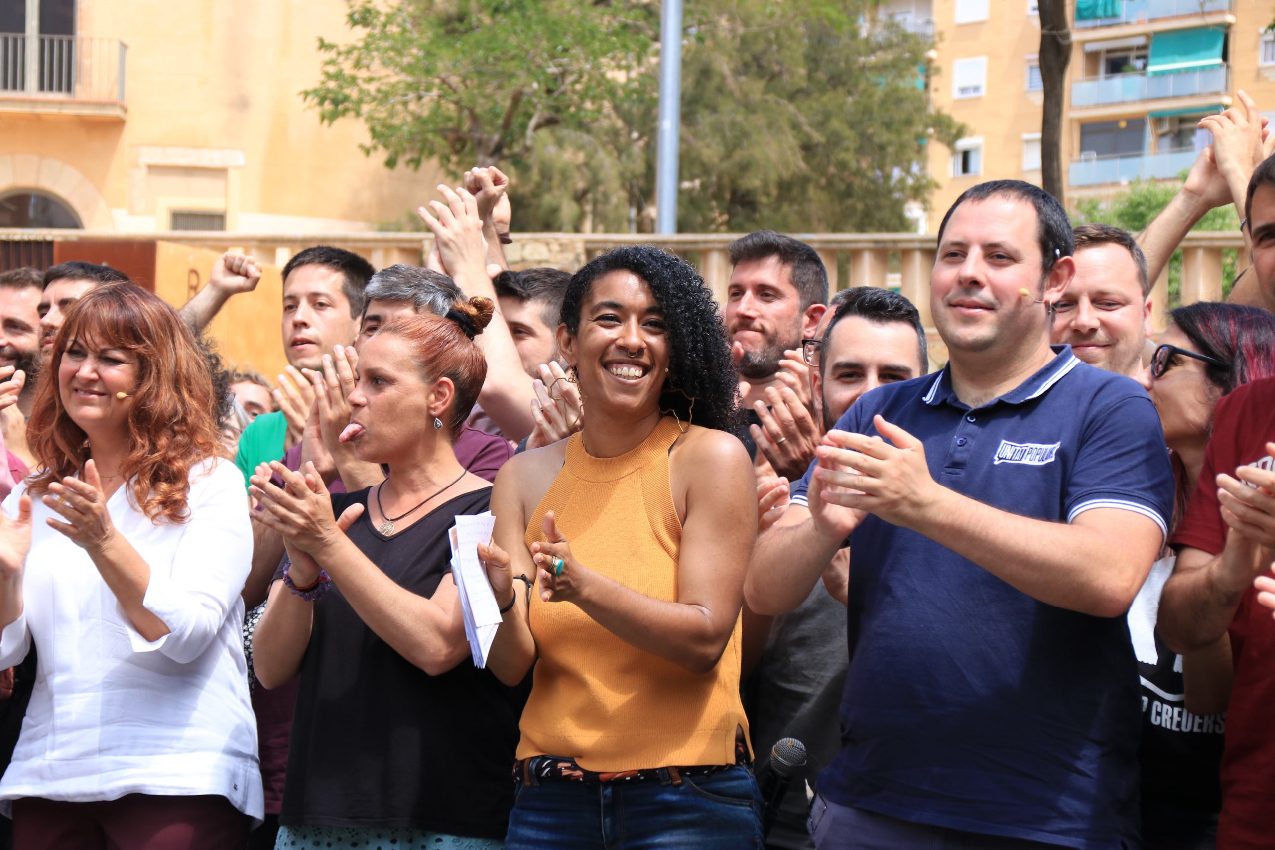 Jero Bonnín, candidata de la CUP-Crida per Palma, l'alcaldable cupaire per Barcelona, Basha Changue, i Aitor Blanc, candidat a l'alcaldia de Santa Coloma de Gramenet | ACN (Carola López)