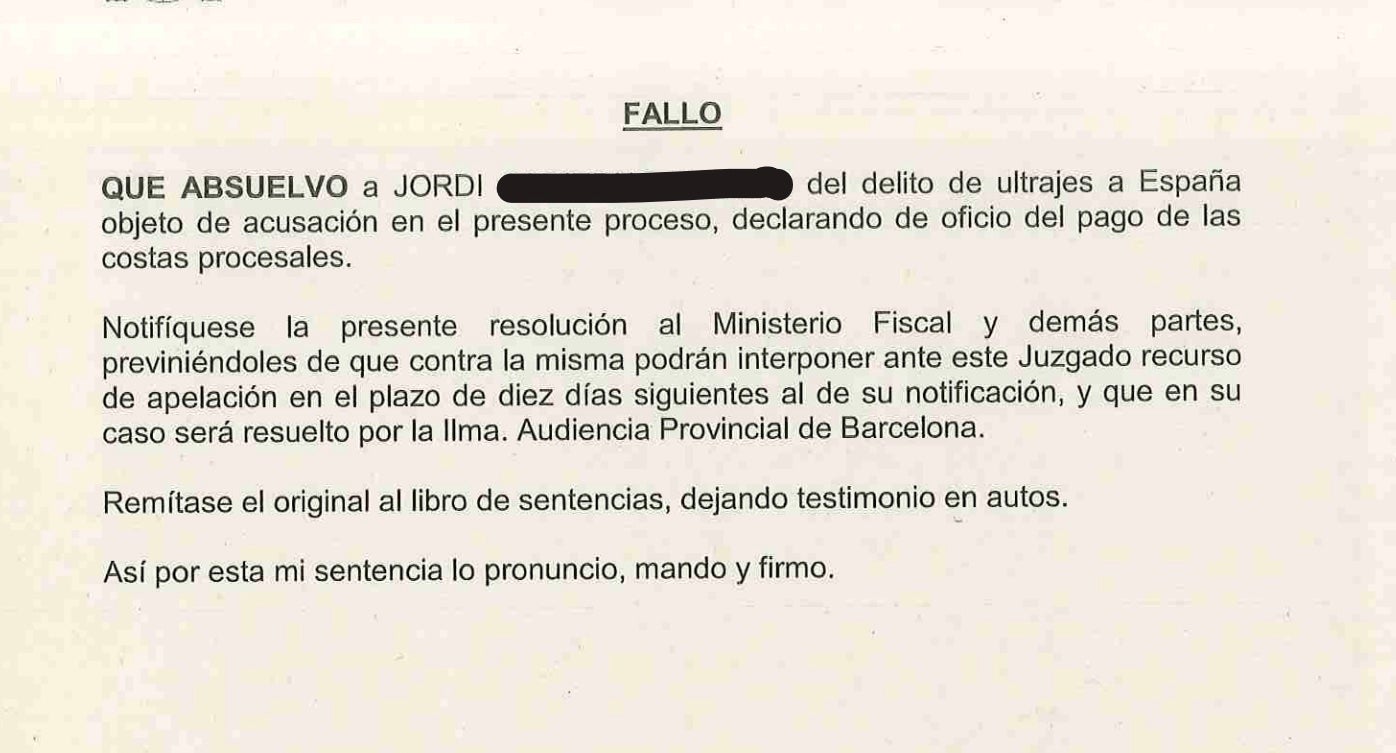 Part resolutiva de la sentència que absolt el jove acusat de cremar una bandera espanyola/QS