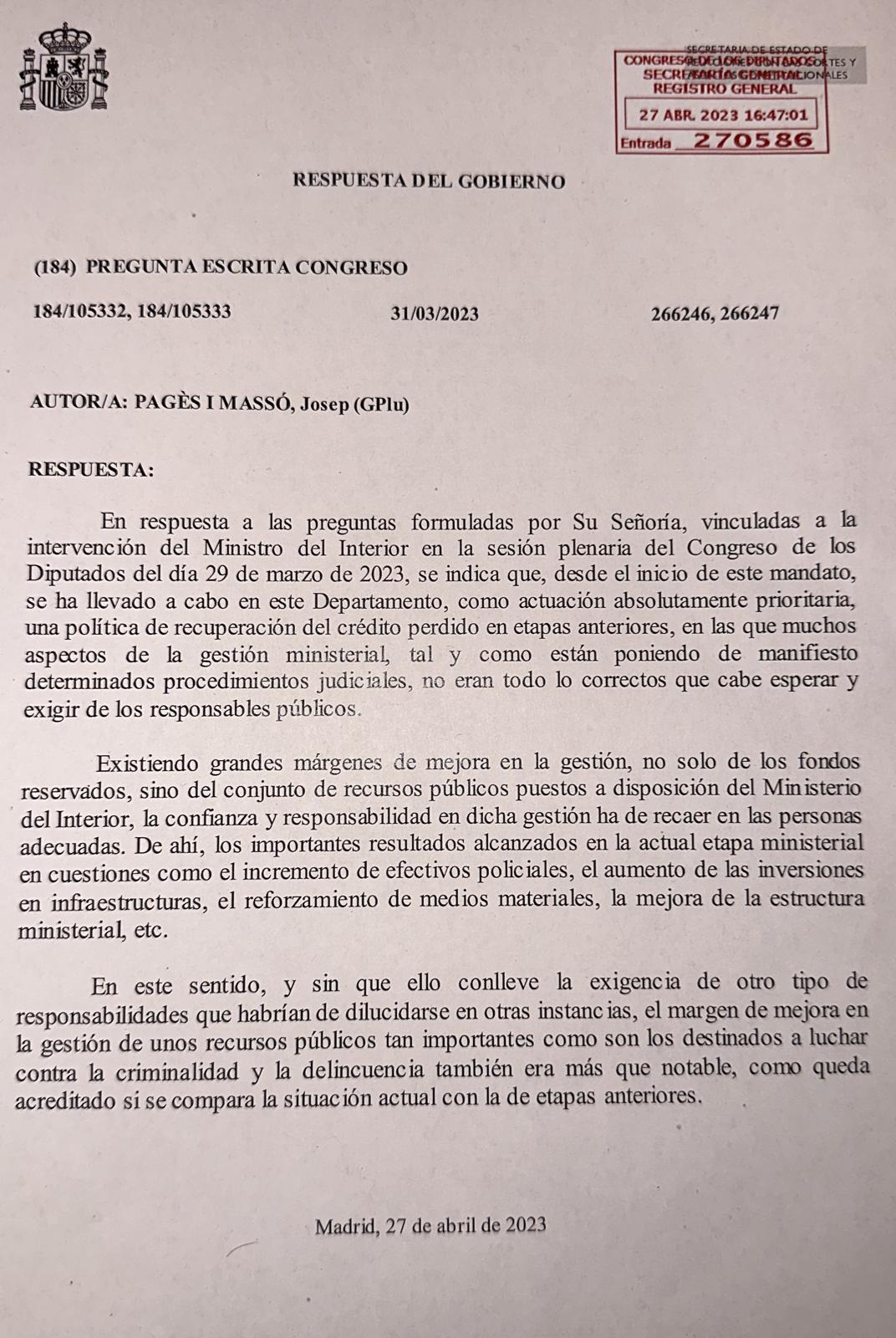 La resposta parlamentària al diputat Josep Pagès sobre Marlaska i Diego Pérez de los Cobos/QS