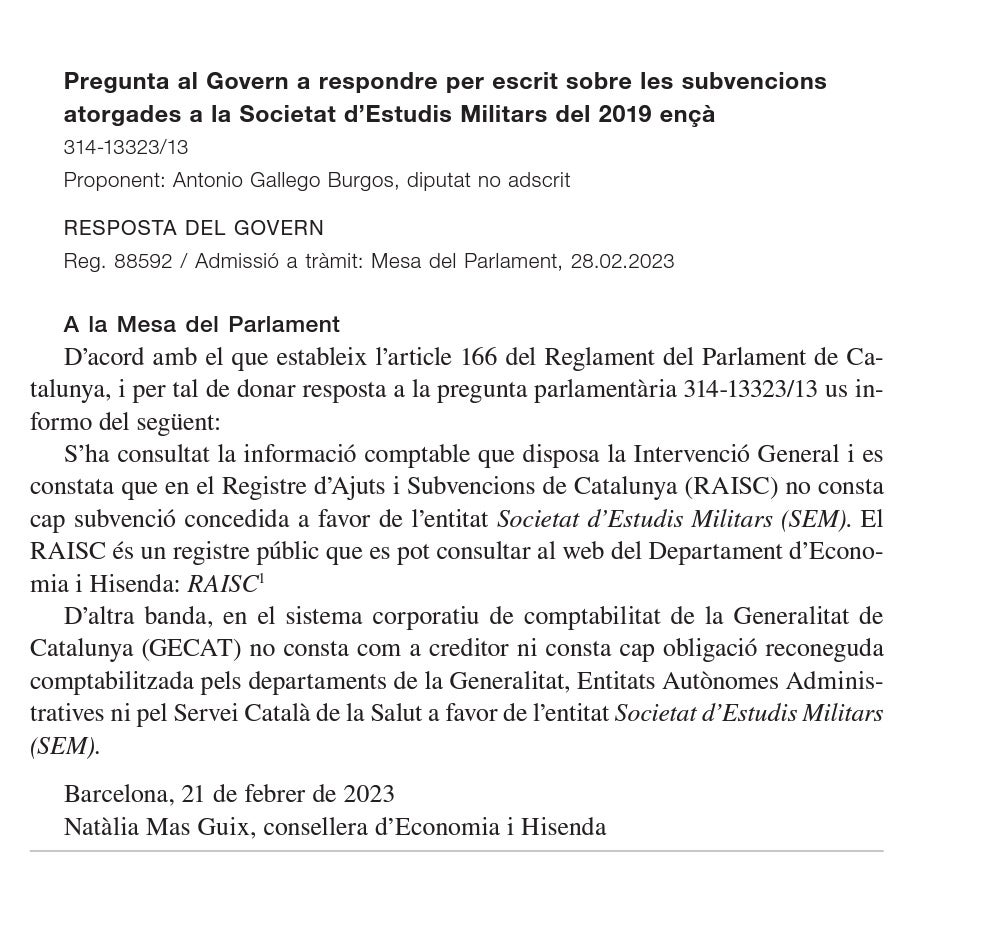 La pregunta parlamentària d'Antonio Gallego sobre el SEM i la resposta de Vilagrà