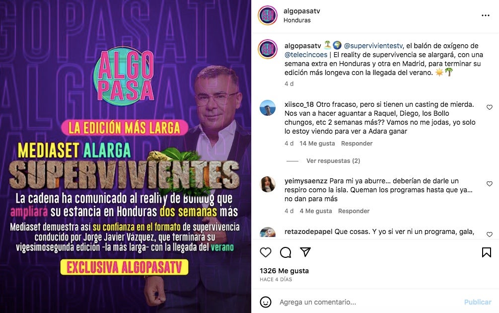 Supervivientes se alargarà quince días més - Instagram