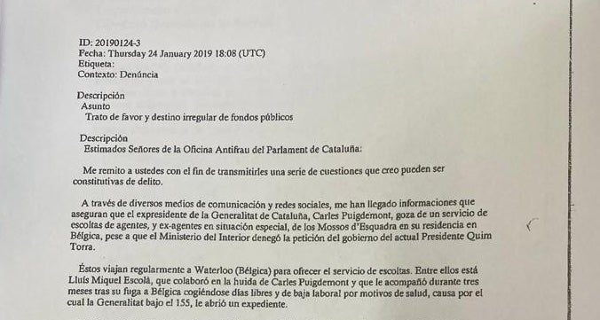 Part de la denúncia a Antifrau contra el sergent Escolà i l'exconseller Miquel Buch/QS