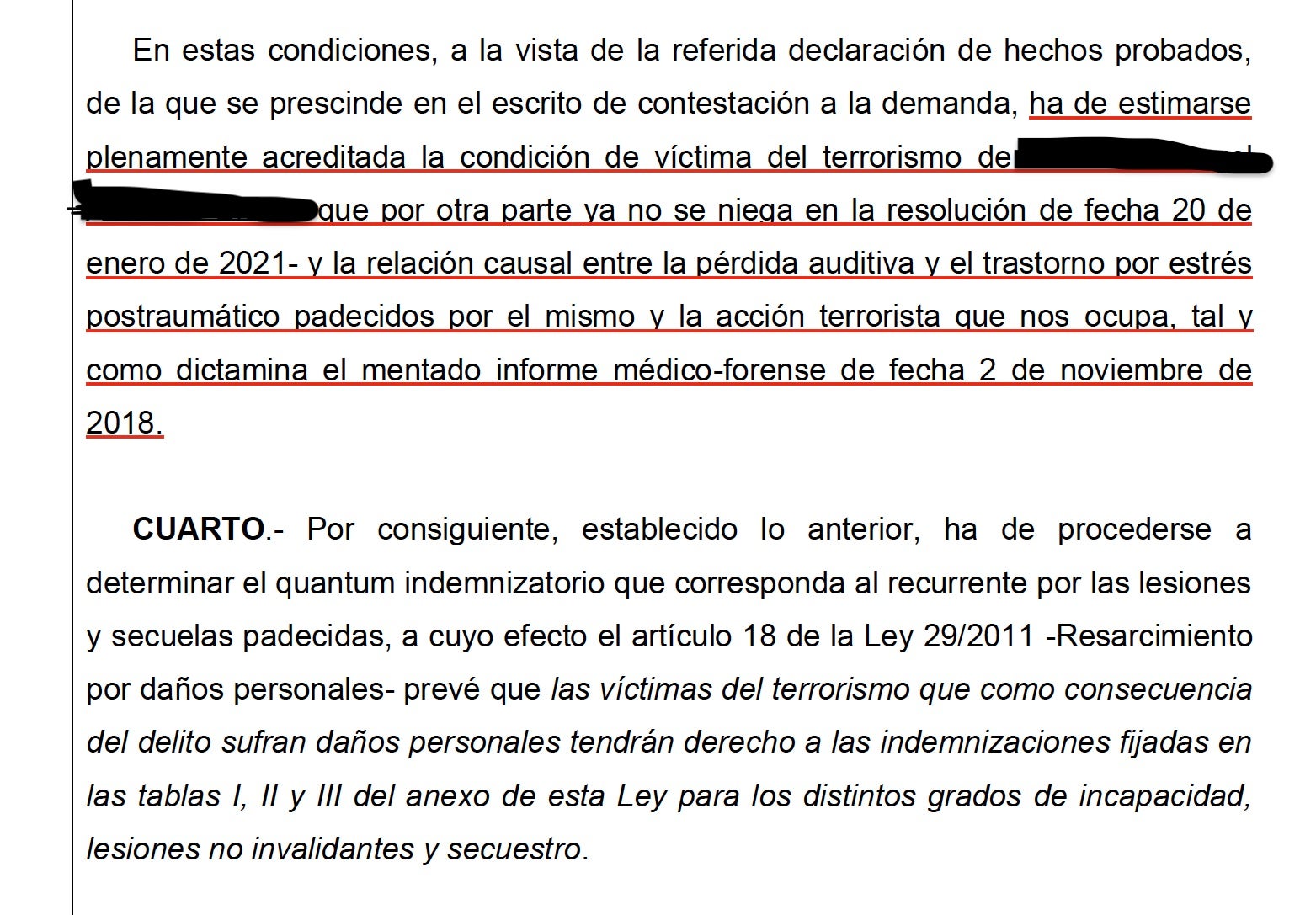 Parto de la sentencia donde reconoce al Mosso ser víctima de terrorismo para resultar herido el 17-A en Alcanar/QS