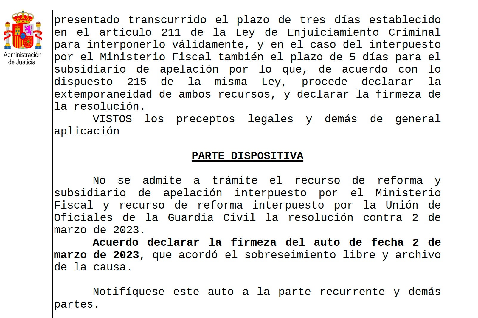 Part dispositiva de la interlocutòria de l'arxivament de la querella d'oficials de la Guàrdia Civil contra el mosso independentista/QS