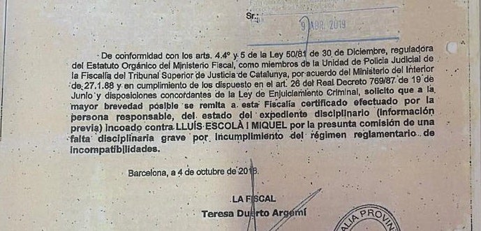 Part de l'escrit de Fiscalia amb què demanava l'estat de l'actuació de l'expedient disciplinari contra Escolà/QS