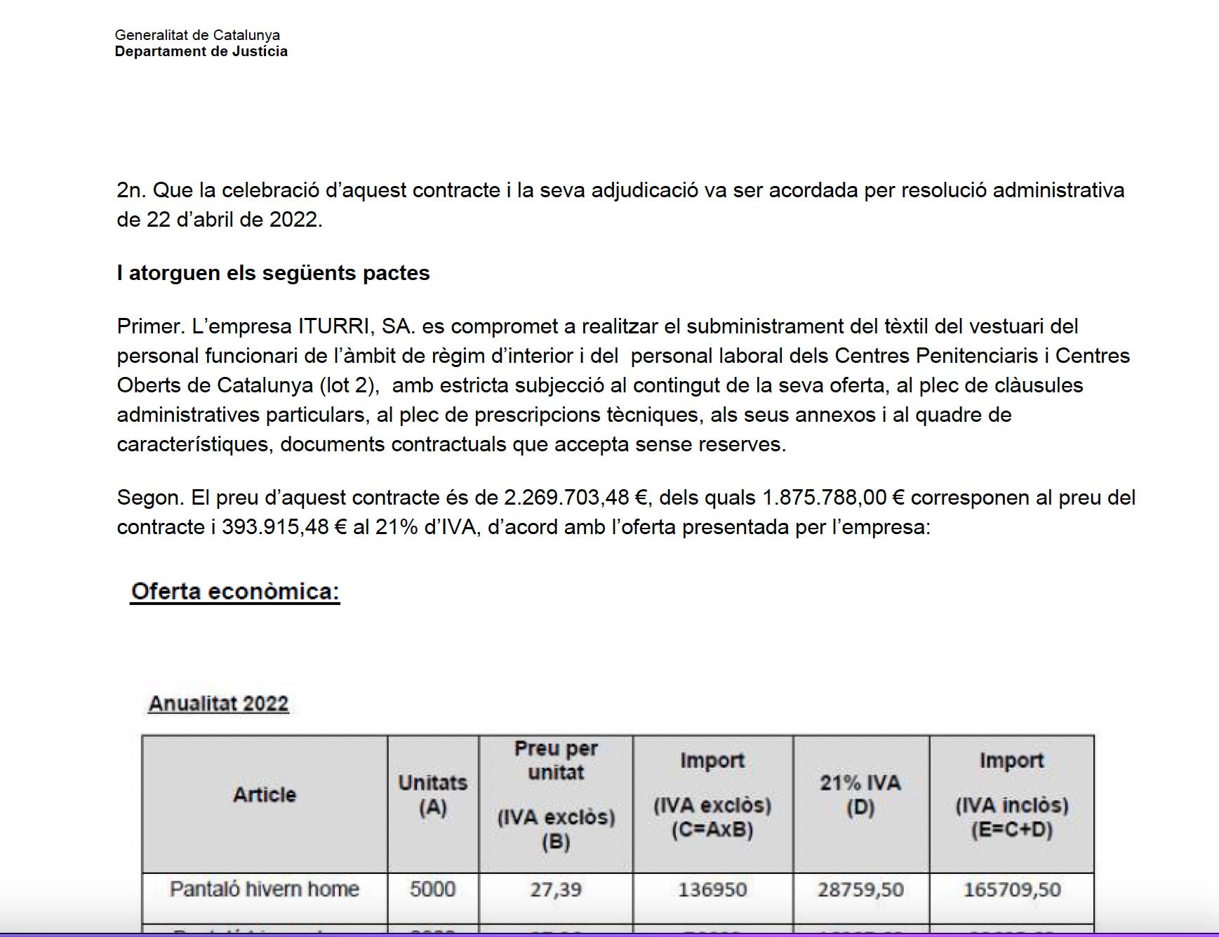 Part del document on es resol l'adjudicació de la roba dels funcionaris de presons de la Generalitat/QS