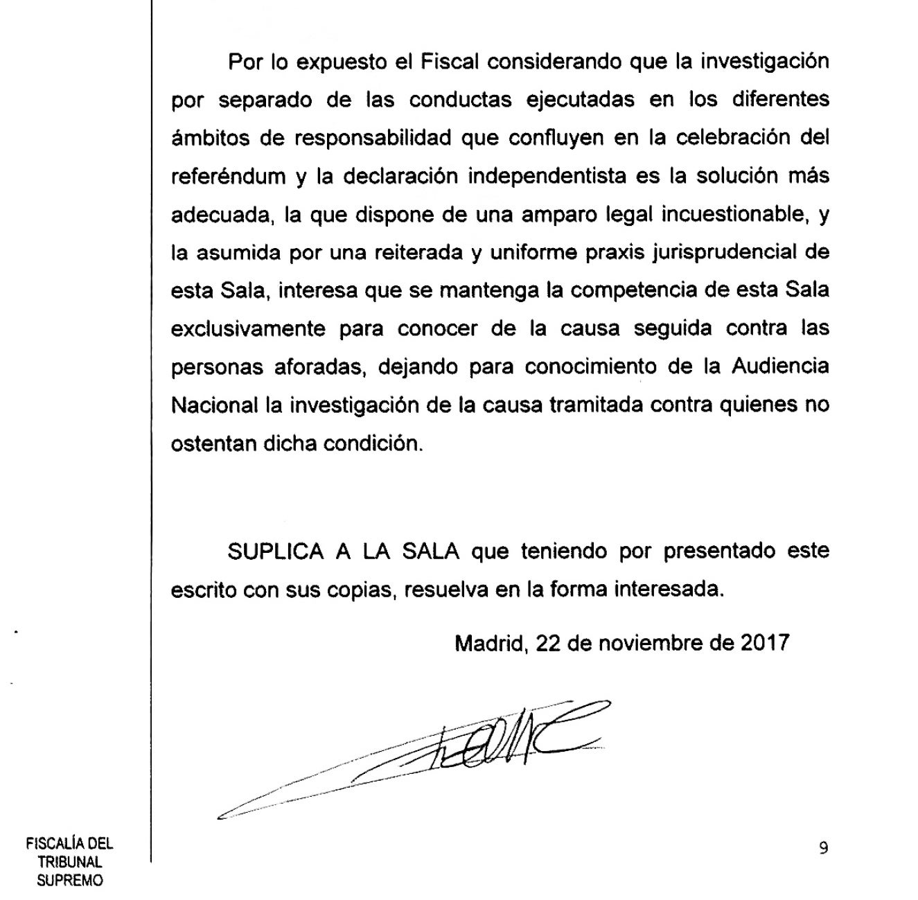 Part de l'escrit de fiscalia on posen en dubte la jurisdicció del Suprem per la manca de competència/QS