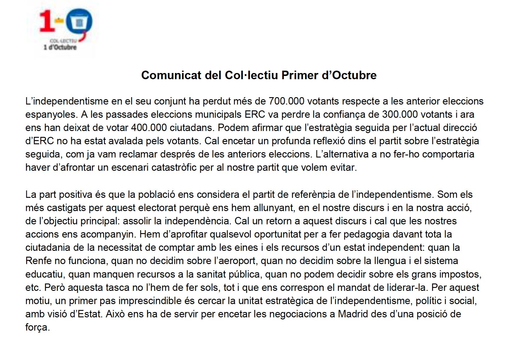 Comunicado del Colectivo Primero de Octubre sobre la negociación a Madrid/QS