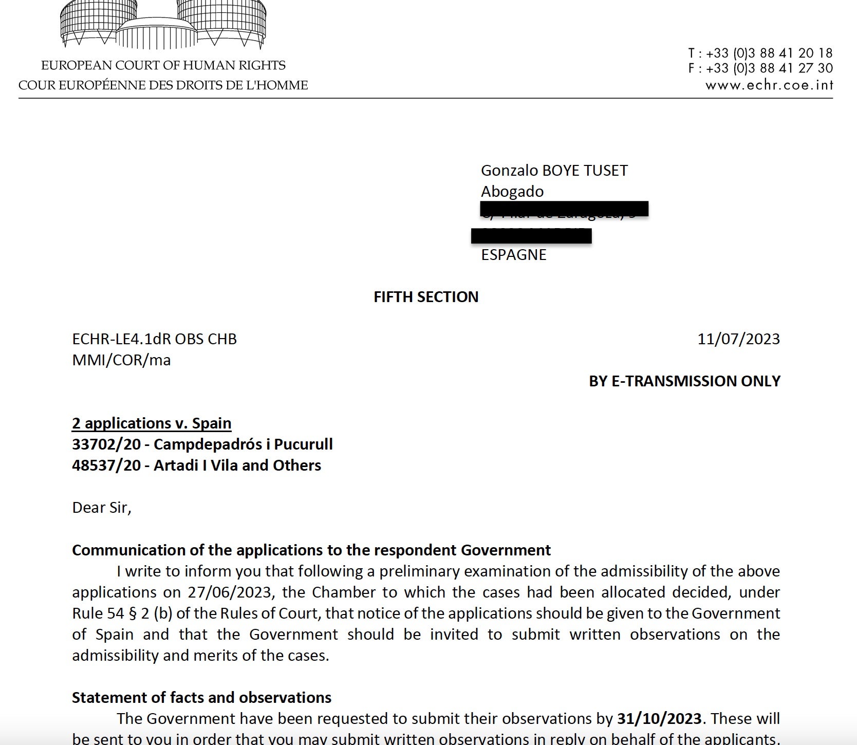 Escrit d'admissió a tràmit a la demanda de Costa, Campdepadrós i dels diputats de Junts per Catalunya/QS