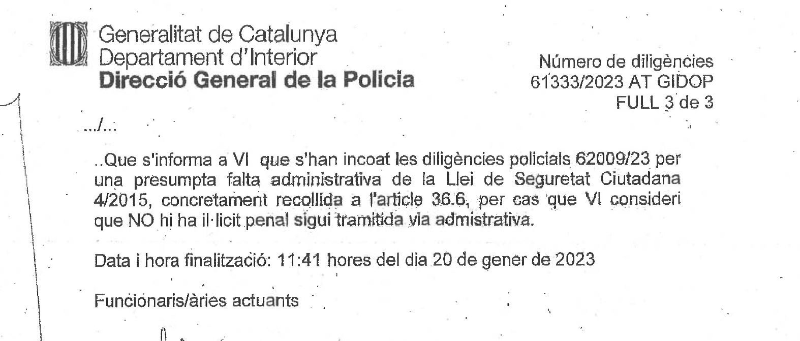 Parto del atestado donde amenazan Costa con la ley Mordaza/QS