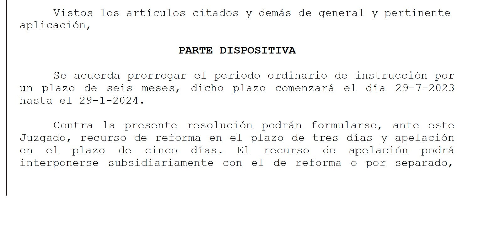 Parte dispositiva de la resolución que alarga seis meses más la instrucción de Tsunami Democrático a la Audiencia Nacional/QS
