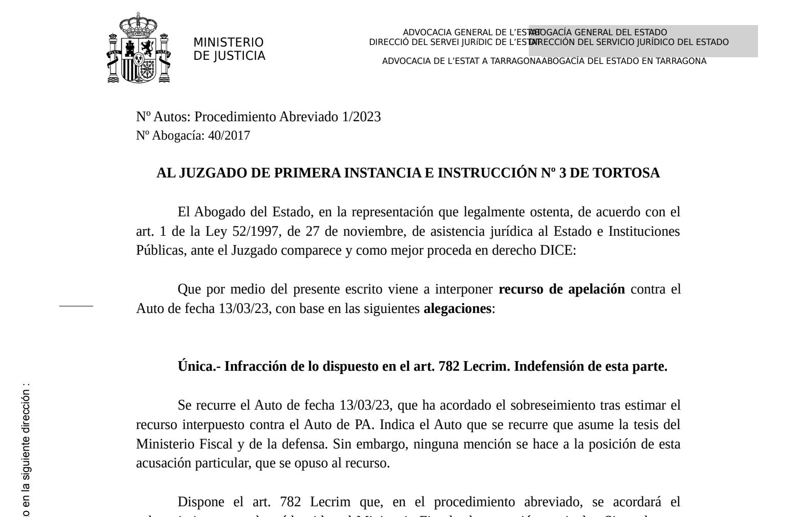 Capçalera del recurs de l'Advocat de l'Estat al cas de la Mariona/QS