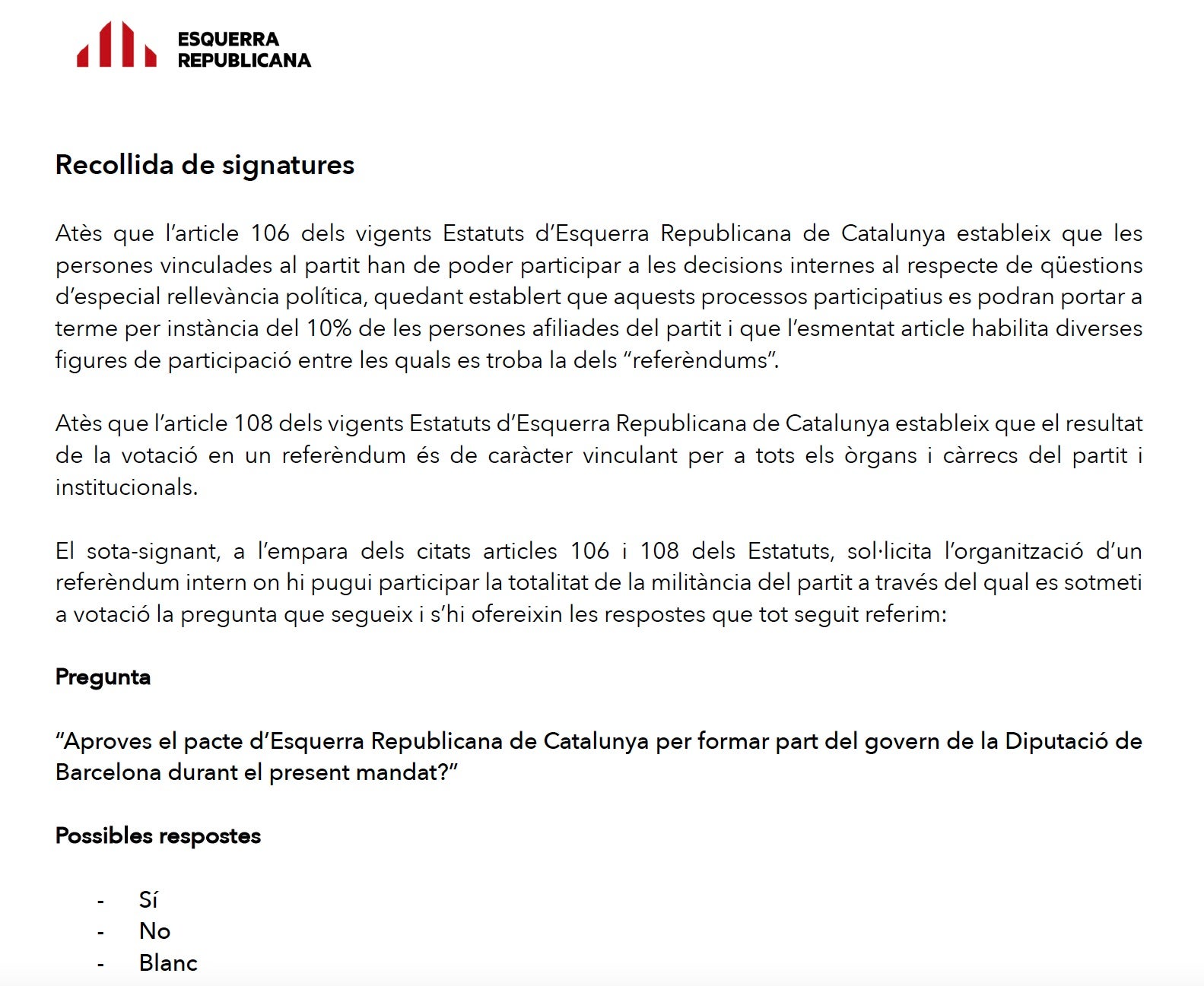 La carta de Caballero per recollir signatures per celebrar un referèndum intern pel Pacte de la Diputació/QS