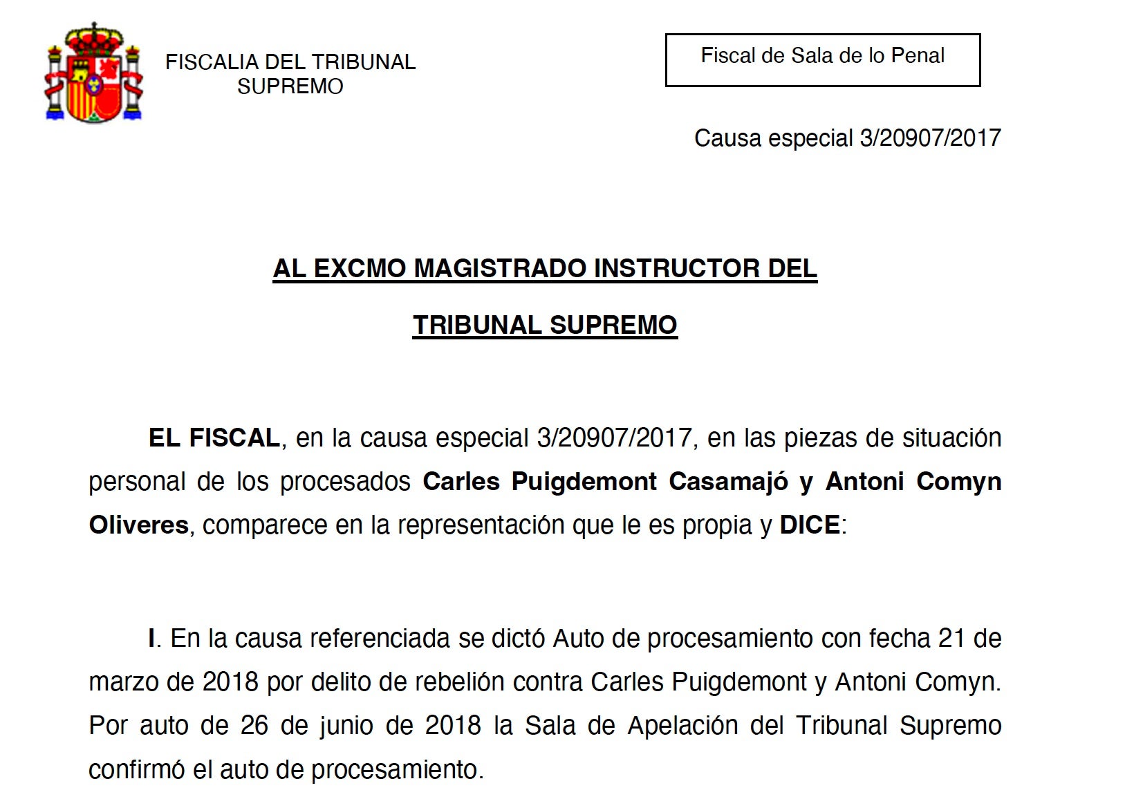 Escrit de la fiscalia del Tribunal Suprem amb què demanen activar les euroordres per a Puigdemont i Comín/QS