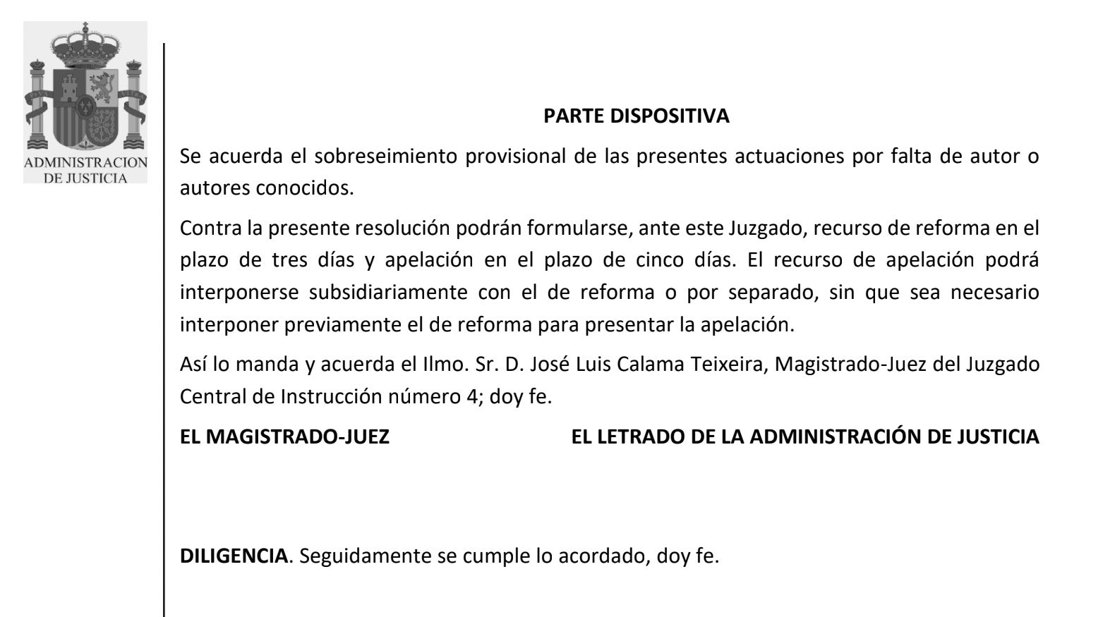 Parte dispositiva de la interlocutoria de archivo de Calama sobre el caso Pegasus/QS