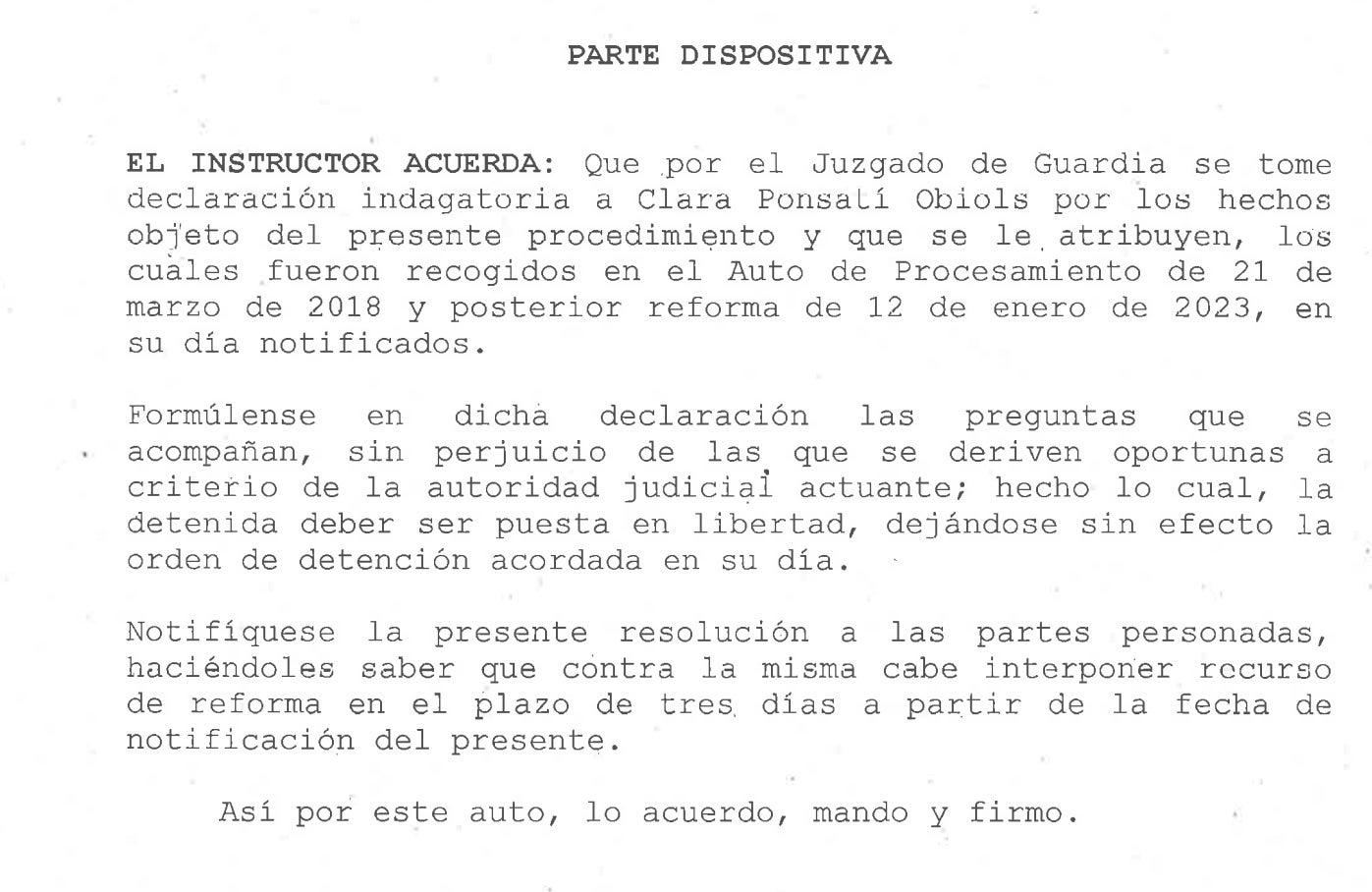 Part de la interlocutòria de Llarena on acorda no emportar-se Ponsatí a Madrid/QS