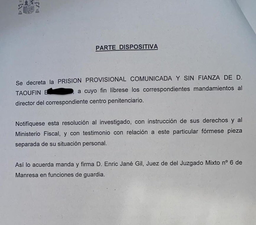 Part dispositiva de la resolució judicial de presó per l'acusat d'atropellar una Mossa d'Esquadra a Castellbell aquest divendres/QS
