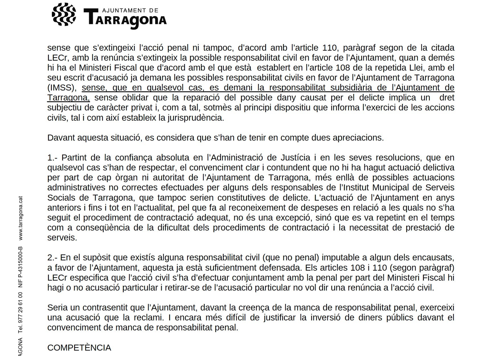 Part del decret d'alcaldia de Viñuales pel que ordena retirar l'ajuntament de Tarragona del cas Inipro/QS