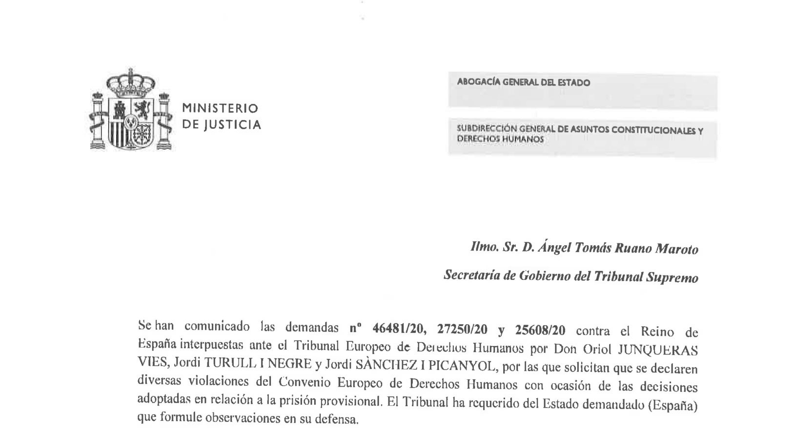 Part de la comunicació tramesa per la delegació de l'Advocacia de l'Estat davant el TEDH on reclamen les al·legacions a Espanya/QS
