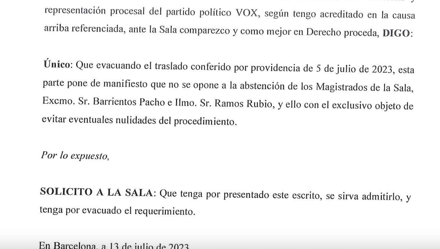 Part de l'escrit presentat per Vox sobre l'abstenció de Barrientos i Ramos al judici de Jové/QS