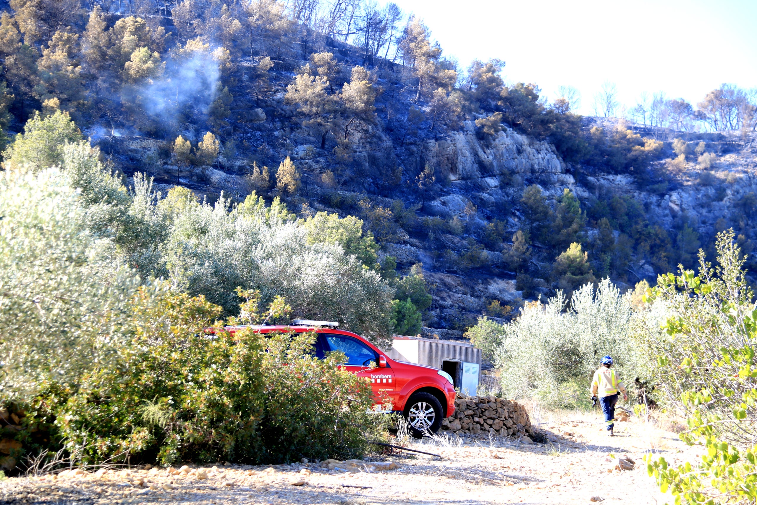 Un vehicle i un agent dels Bombers davant d'una zona cremada del Puig Moltó del Perelló encara fumejant / ACN