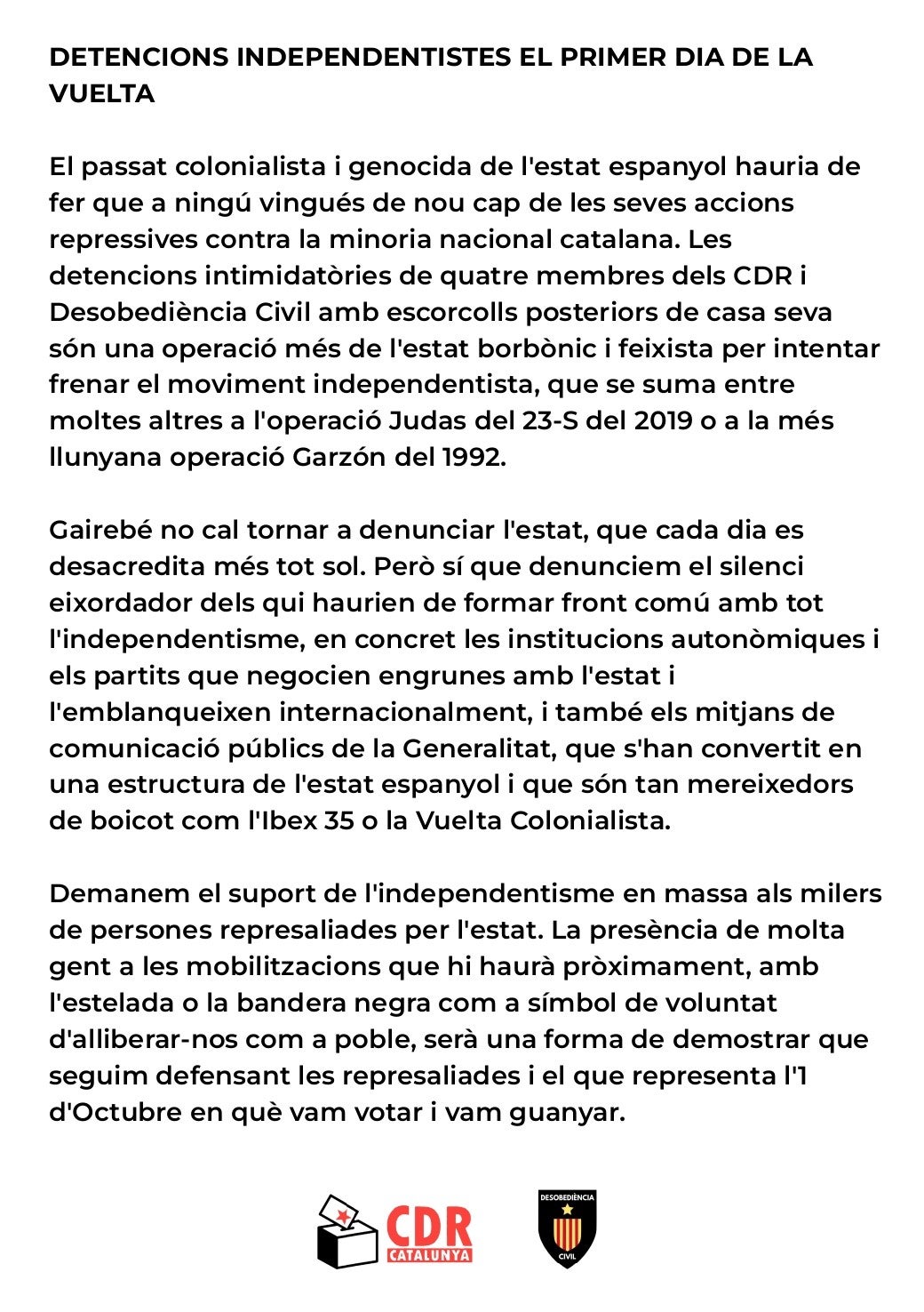 Comunicat conjunt dels CDR i Desobediència Civil sobre les detencions de la Vuelta