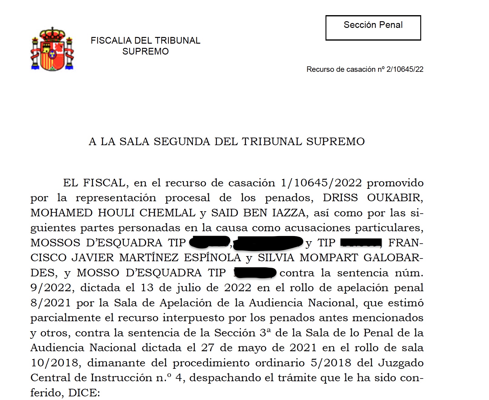 Capçalera del recurs de fiscalia al Suprem en resposta a les cassacions presentades per les parts del judici del 17-A/Quico Sallés
