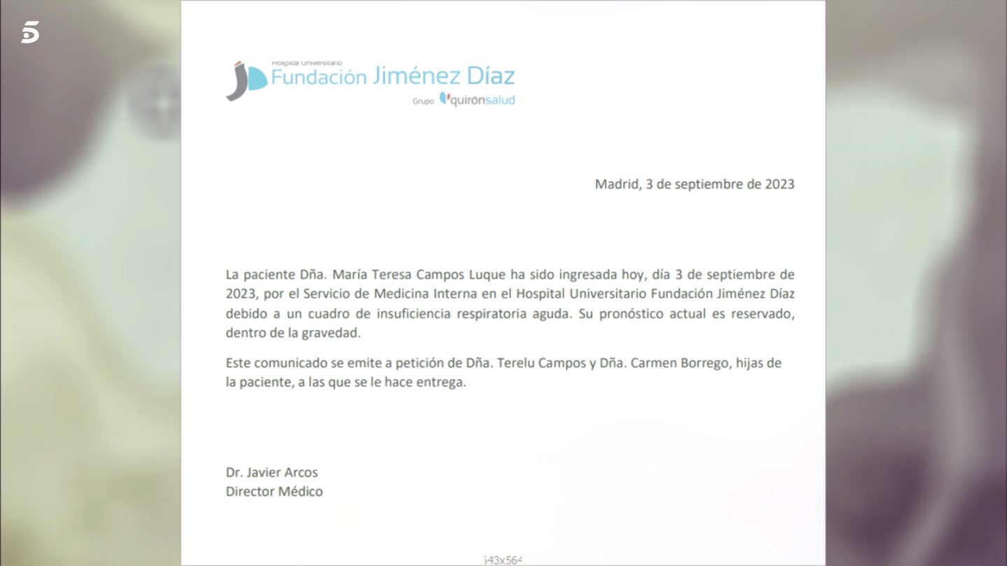 Comunicat sobre l'estat de María Teresa Campos - Telecinco