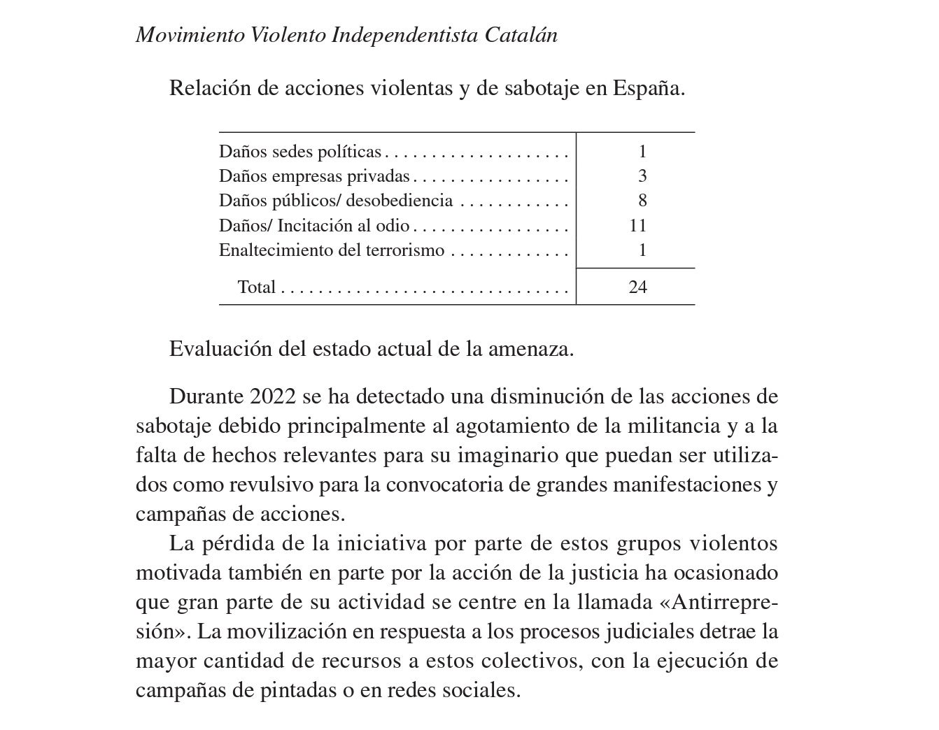 Part de la Memòria de la Fiscalia General de l'Estat sobre els actes de l'independentisme suposadament violent