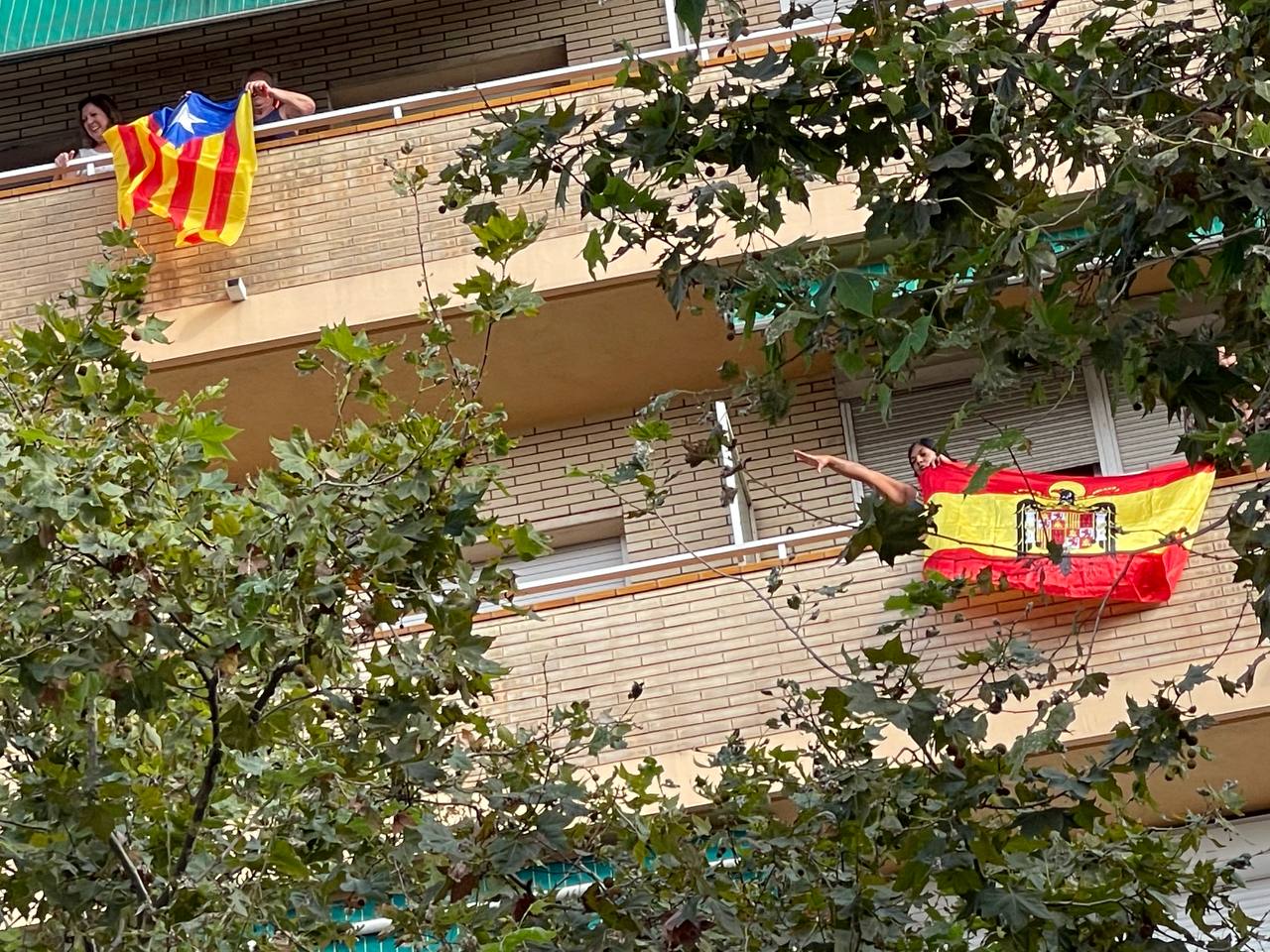 Un veí treu una bandera franquista durant la manifestació de la Diada 2023 / QS