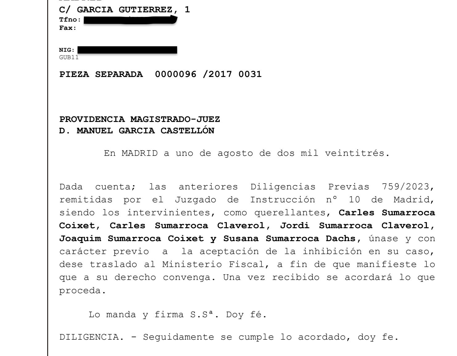 Part de la diligència del Jutge Manuel García Castellón sobre la querella dels Sumarroca demanant al fiscal opinió sobre la competència/QS