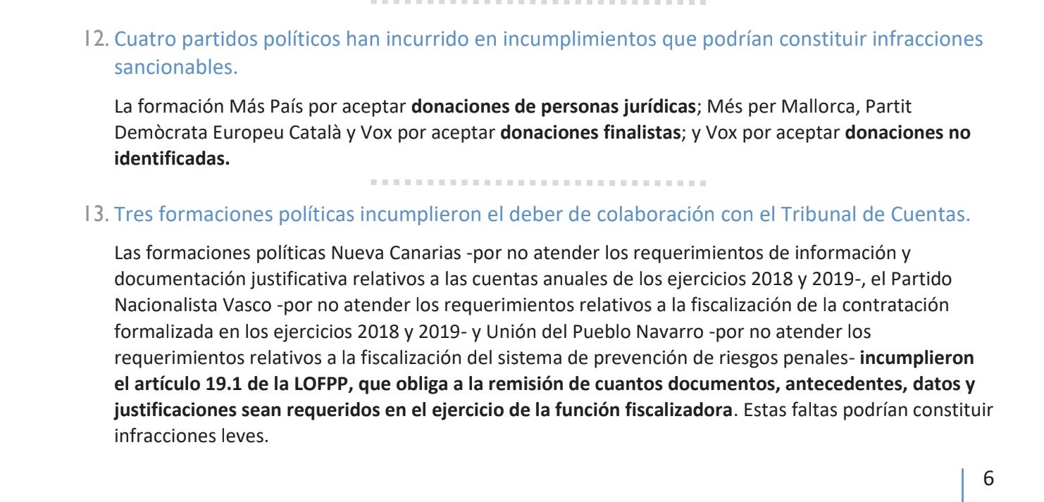 Part del resum dels informes del Tribunal de Comptes sobre el finançament dels partits on avisen de futures sancions