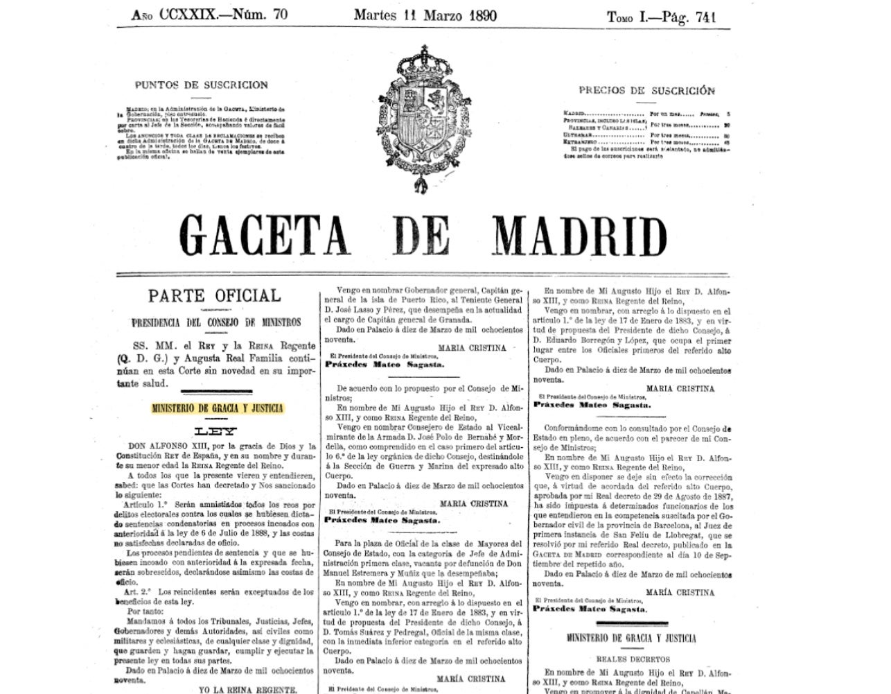 L'amnistia de 1890 publicada al diari oficial de la Gaceta de Madrid, ara BOE