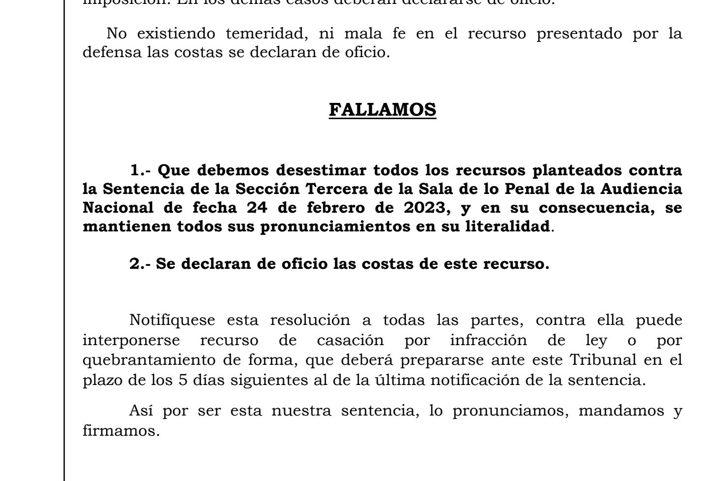 Parte dispositiva de la sentencia de la sala de apelaciones del caso Defex Camerún/QS