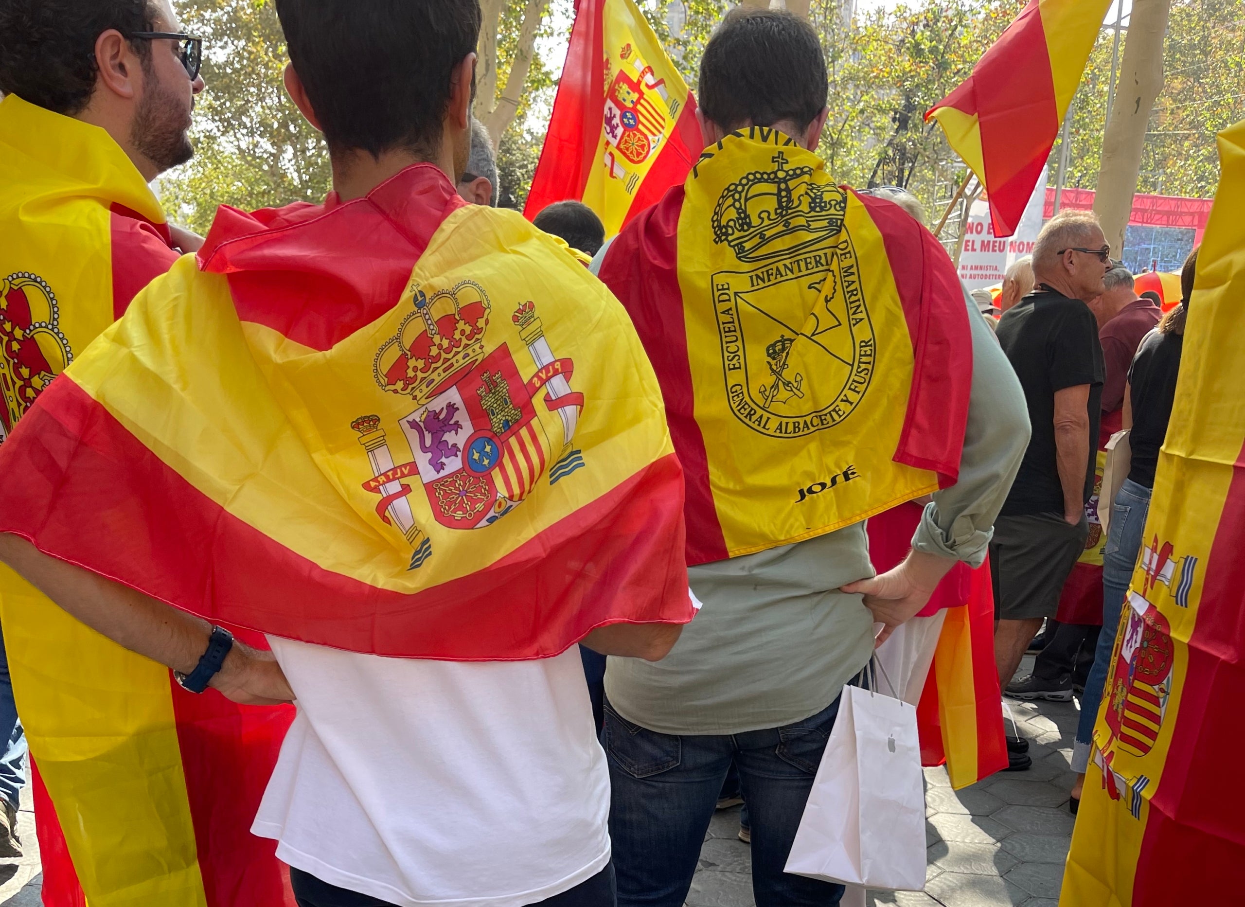 Un manifestant amb una bandera espanyola de l'Escola d'Infanteria de Marina a la convocatòria contra l'amnistia d'aquest dissabte/Quico Sallés