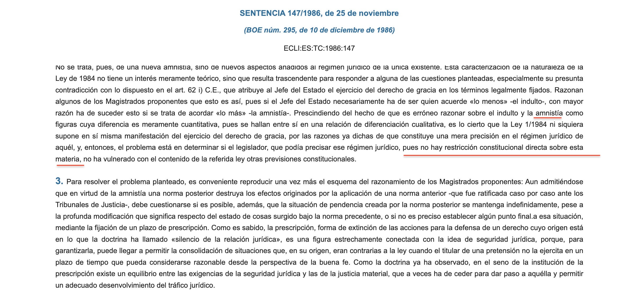 Parto de la sentencia 147/86 que avala que la Constitución no limita la amnistía/CEDOJ