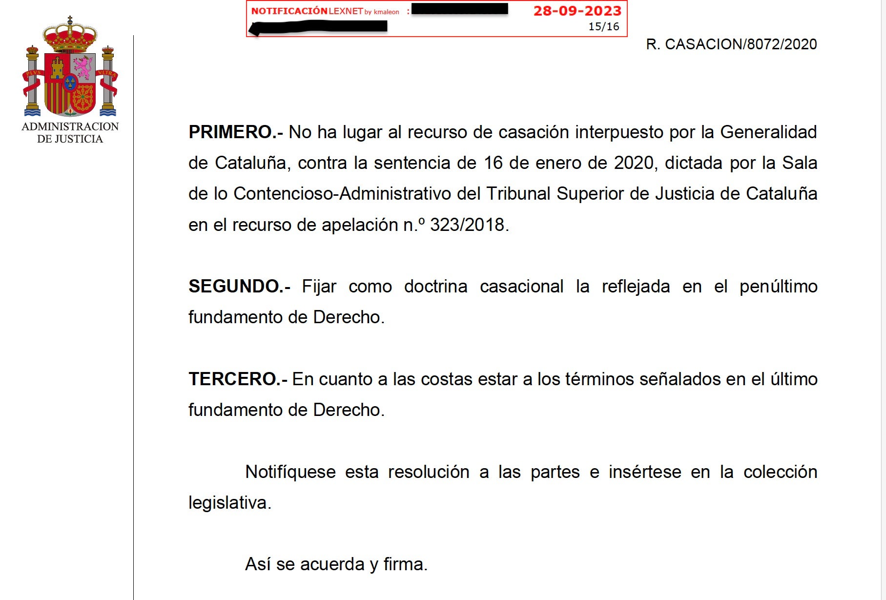 Part dispositiva de la sentència que dona raó als Mossos contra les pràctiques d'Afers Interns/QS