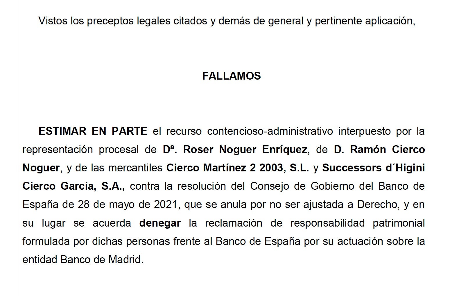 Parte dispositiva de la sentencia que desestima la indemnización por los hermanos Cierco/QS