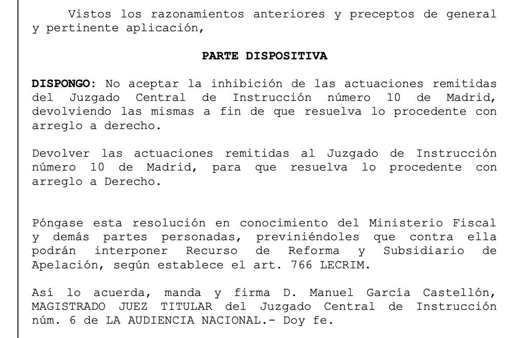 Part dispositiva de la interlocutòria de l'Audiència Nacional sobre els Sumarroca/QS