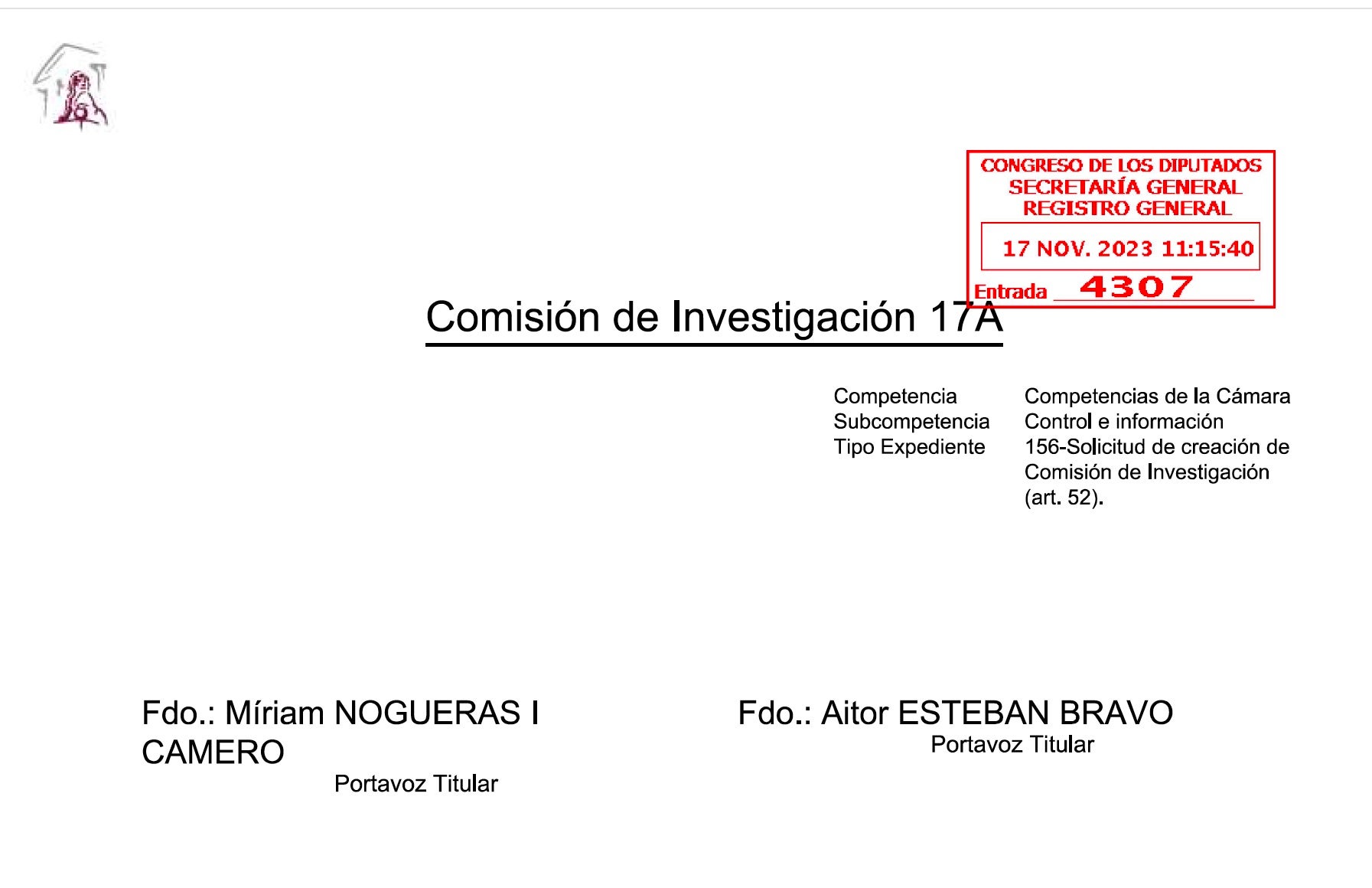La petició registrada davant la Mesa del Congrés/QS