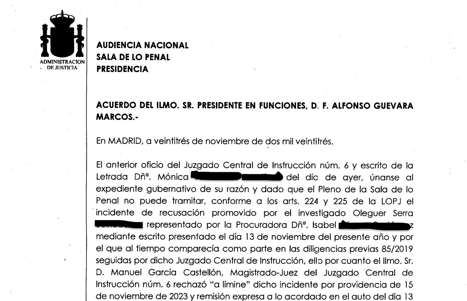 Part de l'acord del magistrat Guevara sobre García Castellón/QS