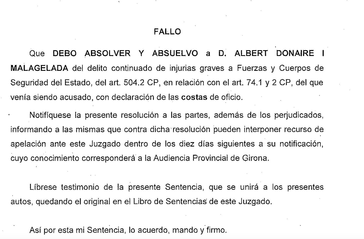 Part dispositiva de la sentència que absolt Donaire/QS