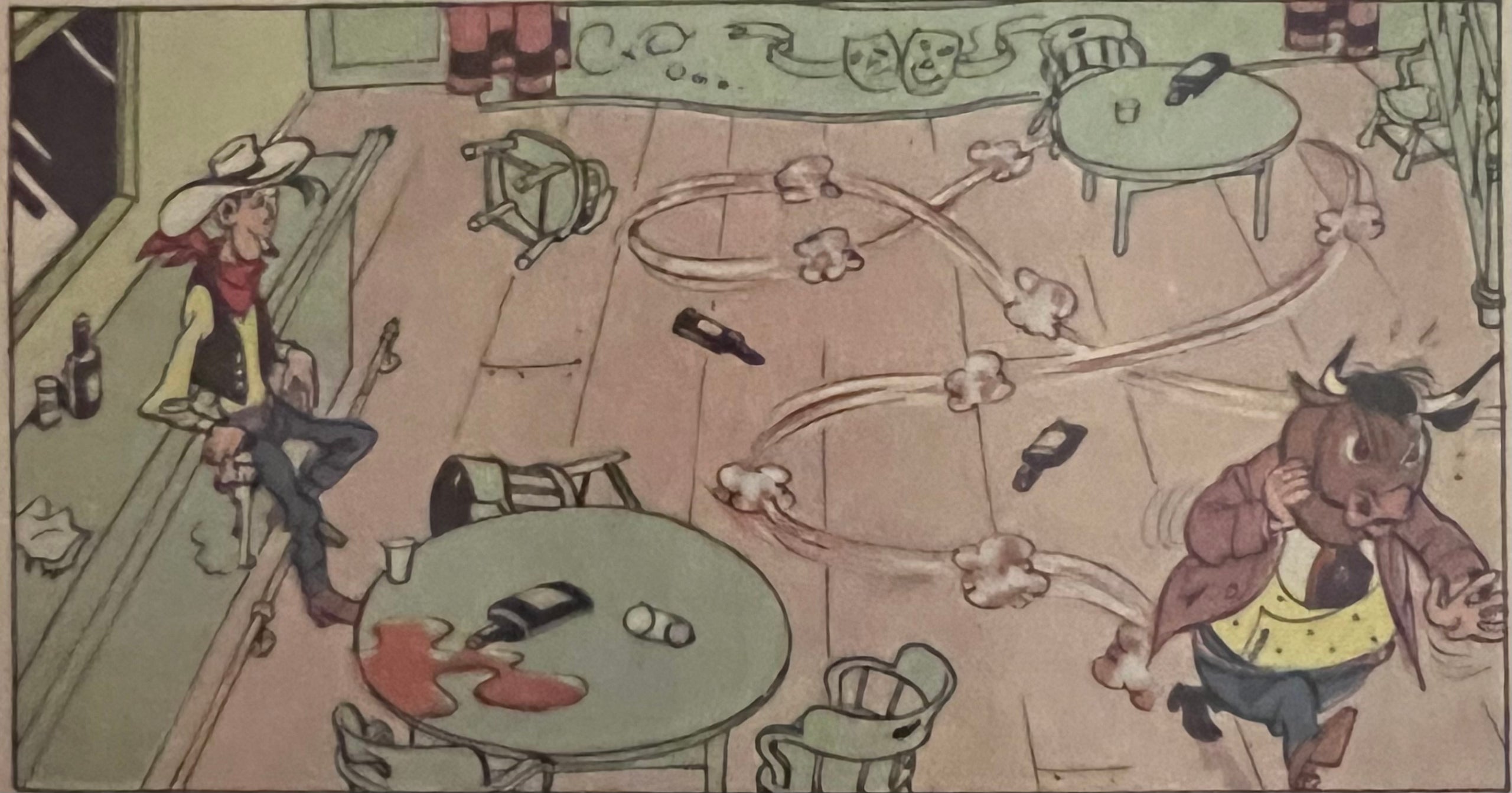 Homenatge de Morris a Hergé. Al dolent Entrecôte Harry li cau un cap de toro.