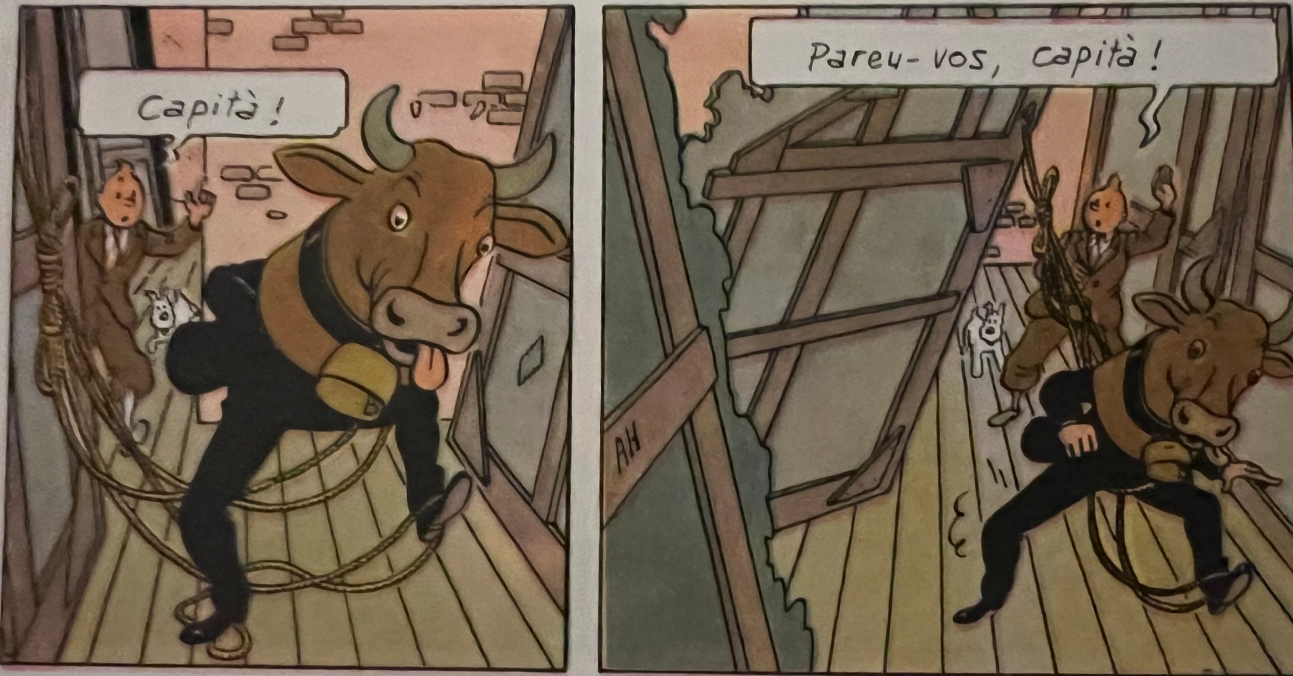 Homenatge de Morris a Hergé. Dalt, al dolent Entrecôte Harry li cau un cap de toro. A baix, la vinyeta precedent de ‘Les set boles de cristall’.