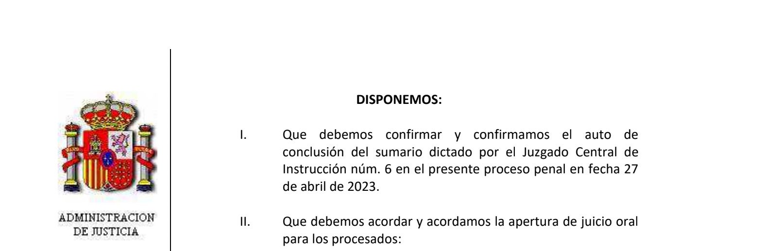 Parte dispositiva de la interlocutoria que envía a juicio los procesados de la Operación Judas