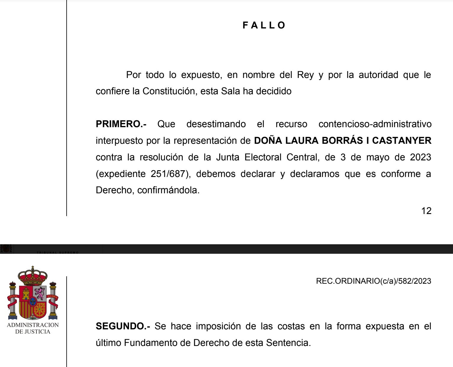 Part dispositiva de la sentència de Borràs i el Suprem/QS