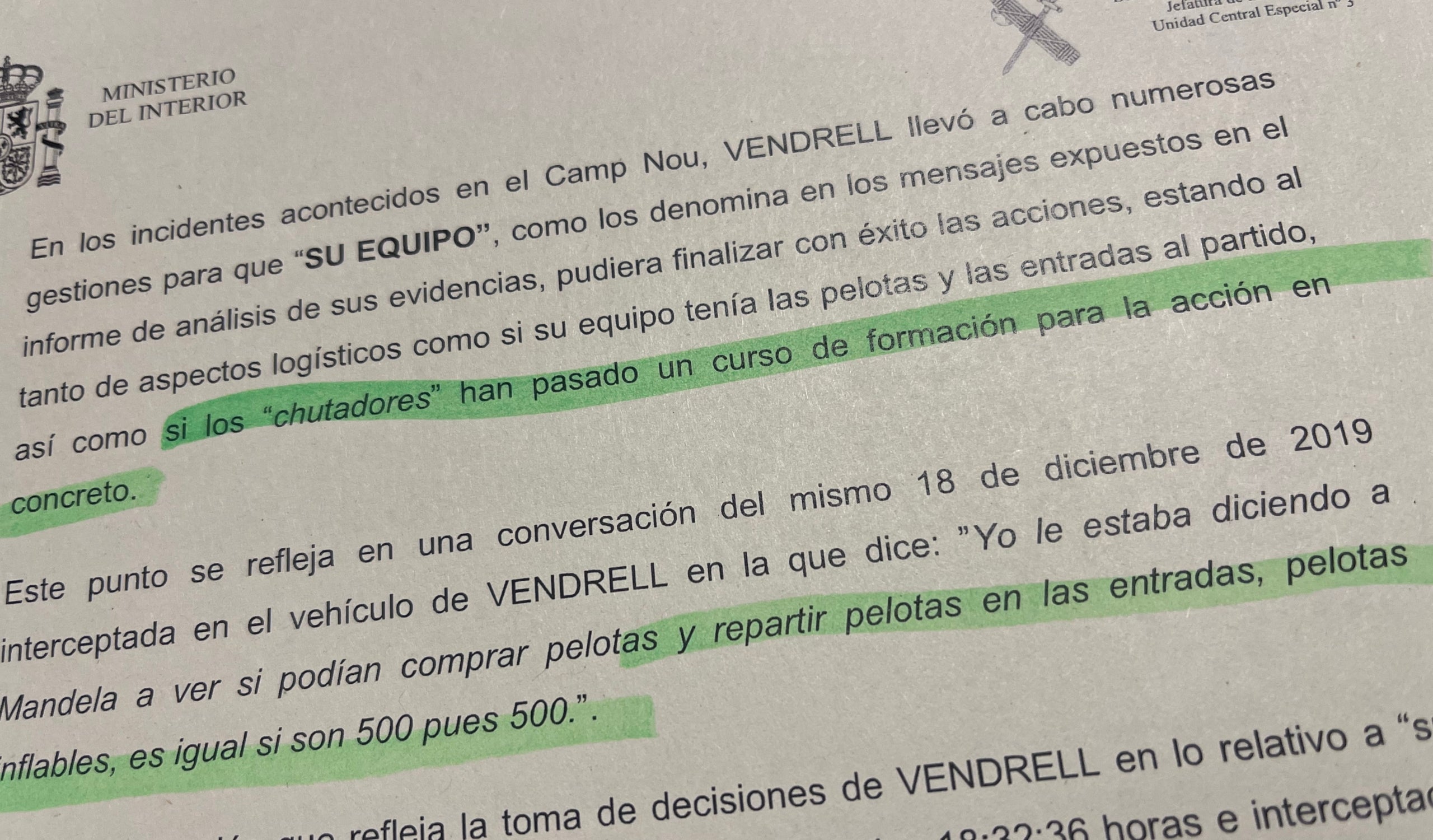 Parto del informe de la Guardia Civil donde los inquieta la compra de pelotas/Quico Sallés