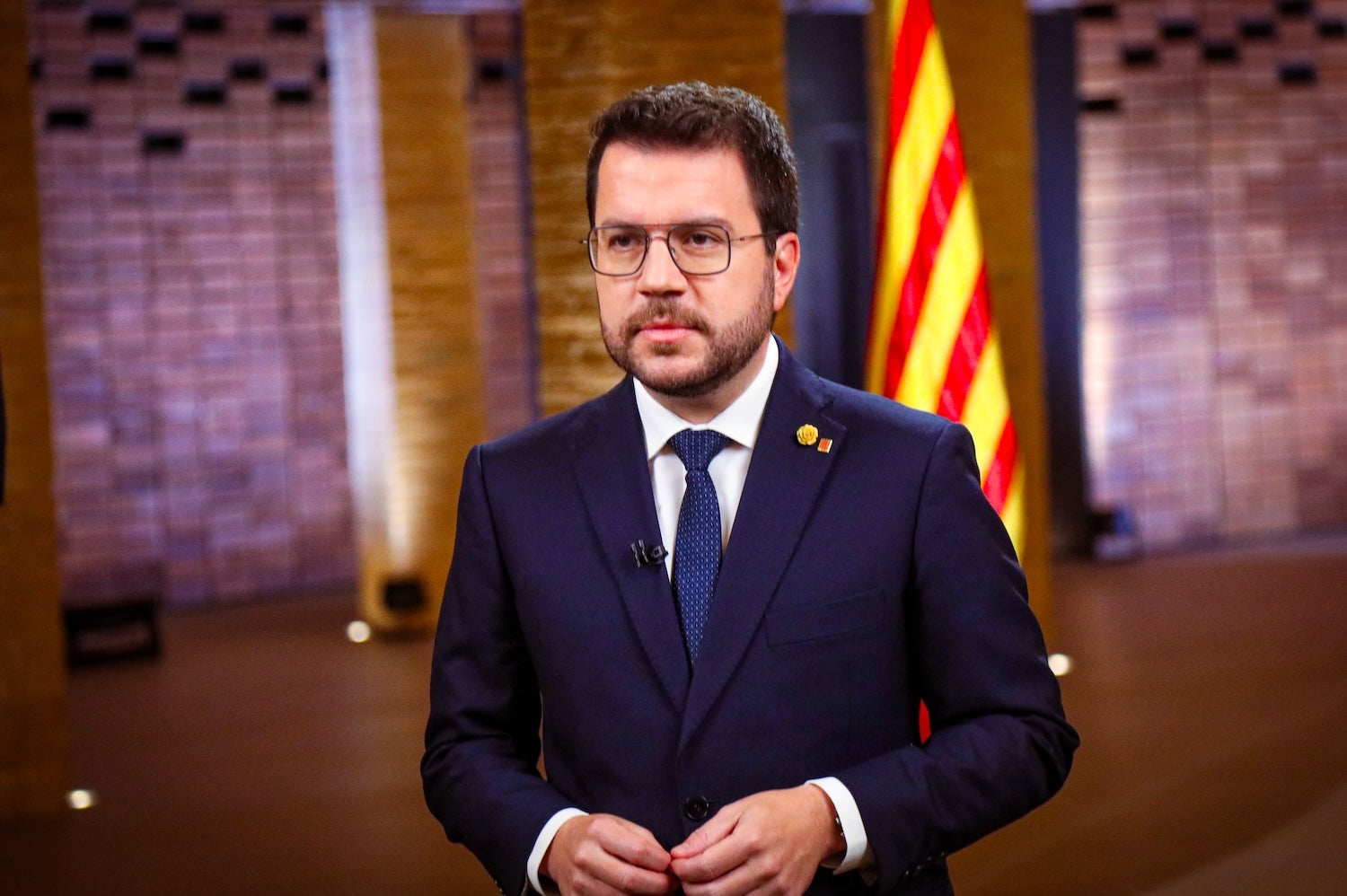 El president de la Generalitat, Pere Aragonès, durant el seu missatge de Nadal del 2023, al Dipòsit del Rei Martí / Govern