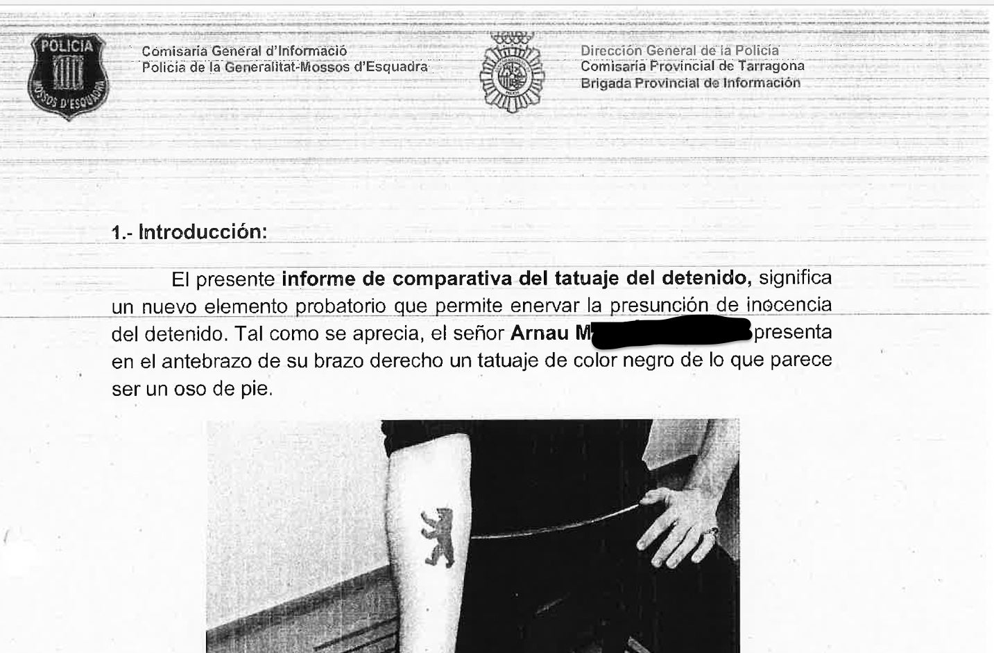 Part de l'atestat on s'analitzen els tatuatges dels investigats per part de Mossos d'Esquadra i Cos Nacional de Policia (CNP)/Quico Sallés